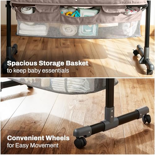 Image of BAYBEE Bedside Crib Cradle for Baby | Bassinet for New Born with 2 Height Adjustable & 360 Wheels | Babies Cot with Mosquito Net & Storage Box | Baby Cribs & Cots for 0 to 2 Years Boys Girls (Beige)
