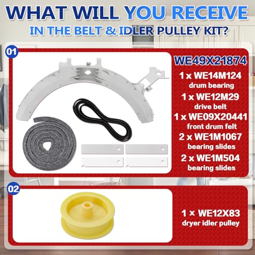 WE49X21874 Dryer Bearing Kit and WE12X83 Dryer Idler Pulley with WE14M124 Drum Bearing WE09X20441 Front Drum Felt WE12M29 Drive Belt WE1M1067 and WE1M504 Bearing Slides Fit for GE by Surqia - Used condition - Image 2