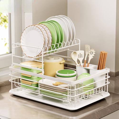 Image of ZROY 2-Tier Large Capacity Dish Drying Rack with Drain Tray - Rust-Resistant Steel Kitchen Organizer with Utensil Holder, Plate Stand & Cup Storage for Countertop (White Rack 2-Tier)