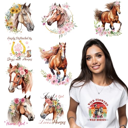 Shejdgart Dtf Transfers Ready to Press - 9Pcs Horse Iron on Transfers for T-shirts Western Heat Transfer Vinyl Stickers Watercolor Iron on Patches Decals for Clothes Pillow Bag DIY Crafts Fabric Decor