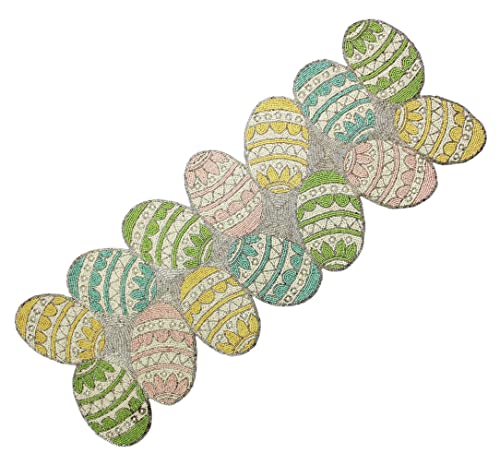 COTTON CRAFT Happy Hunting Handmade Beaded Table Runner - Spring Easter Eggs Bunny Rabbit - Luncheon Dinner Celebration Festive Party Tabletop Décor Tablerunner - 13x36 - Aqua Multi