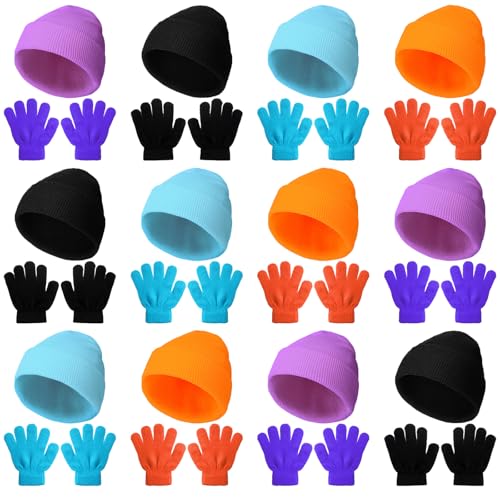 JenPen 12 Sets Kids Winter Beanies and Gloves Children Warm Winter Hats Stretchy Knitted Gloves for Boys Girls(Purple/black/blue/orange,Classic)