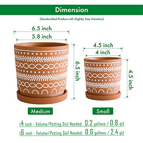 Set Of 2 Terracotta Pots, 4 Inch & 6 Inch, Planter Pots For Plants With Drainage Holes And Saucers, Terracotta/White, 31-958-D-1 #TOP2