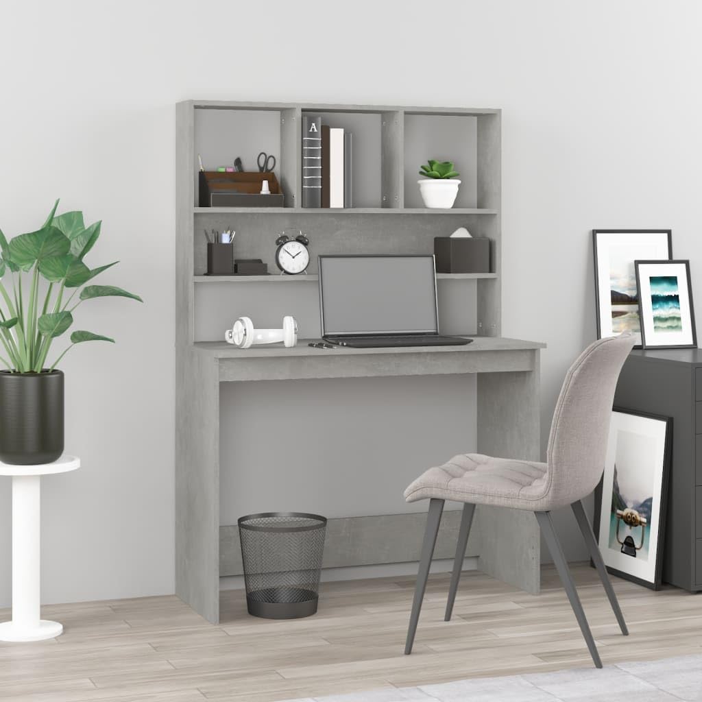 Bureau avec étagère compact en bois gris béton pour télétravail studieux