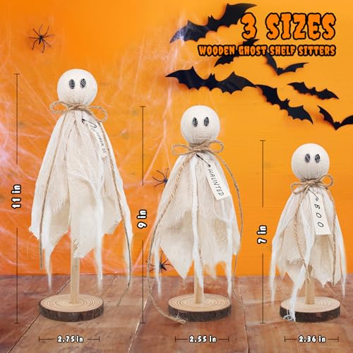 Wooden Ghost Halloween Decorations Indoor– Set of 3 $3.99 Sizes Rustic Shelf Sitters with Fabric Ghost Figures - image 3