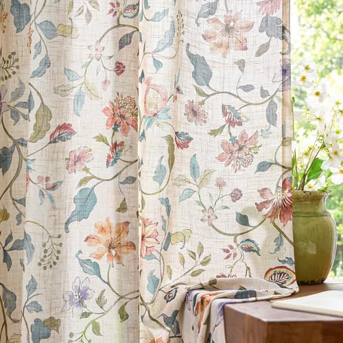 Image of jinchan Beige Floral Linen Curtains 63 Inch Farmhouse Back Tab 2 Panels
