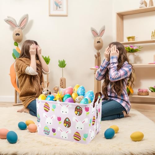 Image of Large Empty Easter Basket for Kid Pink Fabric Personalized Bunny Eggs Easter Gift Basket for Boy and Girl (Rabbit Easter Egg Tulip)