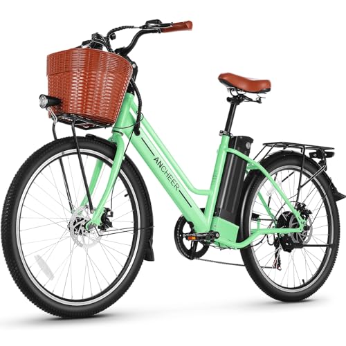ANCHEER 26' E-Bike für Erwachsene, 7 Gang Elektrofahrrad mit Abnehmbarem 36V 10.2Ah Akku, 25 km/h und 70–100km Reichweite E-Bike mit Korb für Städtische Pendler, Männer und Damen Grün City Ebike