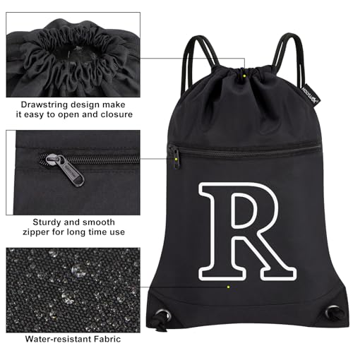 Image of HOLYLUCK Drawstring Bags Initial Backpack Sackpack Cinch Bags for Sports, Gym, Travel, Beach (Black-R)