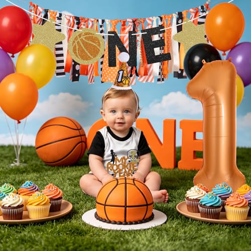 Image of Basketball Highchair Banner for First Birthday Party Decorations | My 1st Rookie Year Basketball Fabric Banner for Boys Black Orange High Chair Banner for One Birthday Backdrop Decorations