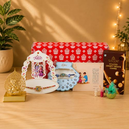 Image of Giftana Rakhi Gift Set for Brother & Bhabhi Radha Krishna Rakhi, Evil Eye Rakhi, Ganesh Ji Idol, Greeting Card Set, Raksha Bandhan Gift Combo for Bhaiya Bhabhi