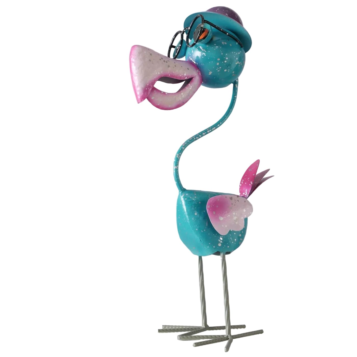 MF Professor Pico Vogel Gartenfigur aus Metall, 54 cm, Bunt mit Brille und Hut, Türkis Lila Pink, Handgearbeitete Dekofigur für Garten und Terrasse