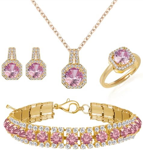 Paxuan 4pcs Cubic Zirconia Wedding Jewelry Sets for Bride Bridesmaid Cubic Zirconia Pendant Necklace Earrings Link Tennis Bracelet Open Ring Set for Women (Gold Plated Pink Cubic Zirconia)