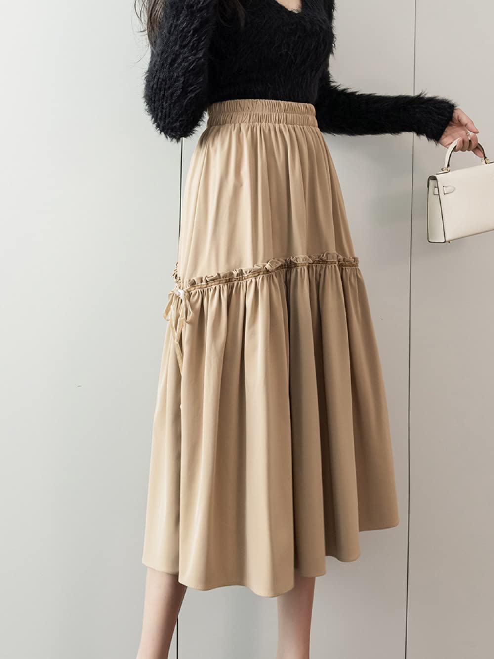 Gonna Lunga Invernale, Gonne per Le Donne Vita Elasticizzata Allacciatura Kaki Design Casual Gonna A Vita Alta A Trapezio Gonne Invernali Chic per Ragazze da Donna Gonna Ampia A Balze A Pendolo