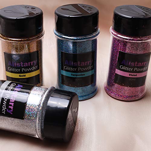 Allstarry Holographic Ultra Fine Glitter 4 Colors Metallic Silver Gold Glitter Powder 80ml per Jar for Resin, Tumblers, Slime, Painting Arts, Nail Art DIY Decoration