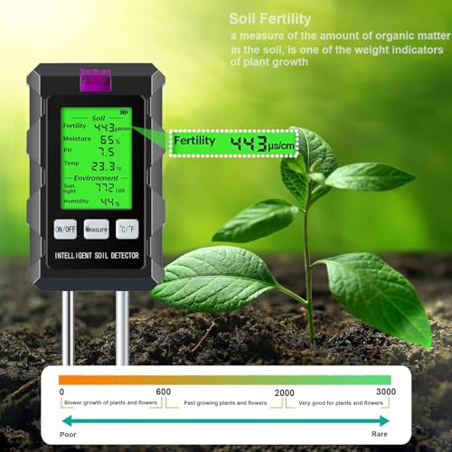 Image of 6 in 1 Soil Tester with Moisture, pH, Temperature & Sunlight | Fertility Testing, For Farming & Gardening, Lawn & Plant Use, AAA Battery Powered, 6 Parameters