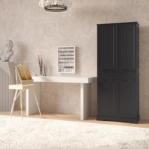 Gizoon 64" Tall Kitchen Pantry Cabinet with Doors and Shelves Large Stand Up Pantry Storage Cabinet with Drawer Large Food Cupboard for Kitchen Bathroom Craft Room, Black
