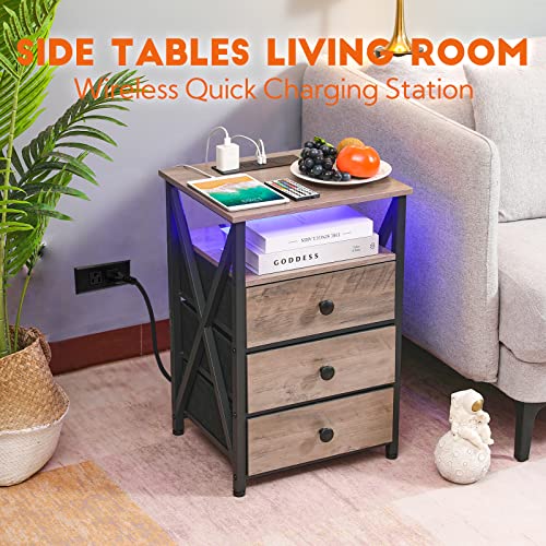 Amhancible Led Nightstand With Wireless Charging Station, Modern End Side Table With Usb Port & Power Outlet, Bedside Table With Fabric Storage Drawers For Bedroom, Living Room, Greige #TOP4