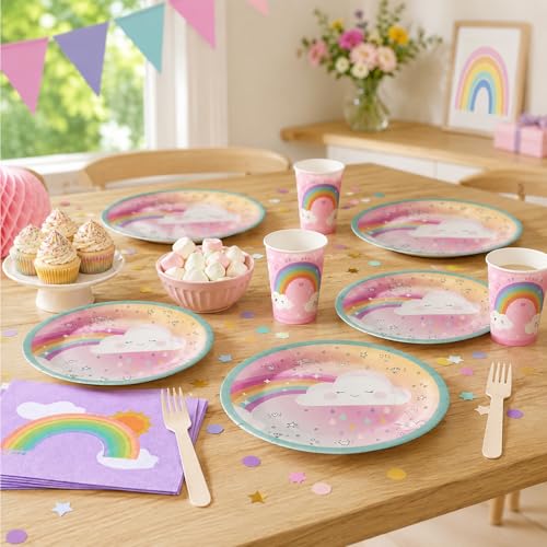 Image of Rozi Decoration Rainbow Party Set - 40 Pcs Plates Cups Napkins Supplies