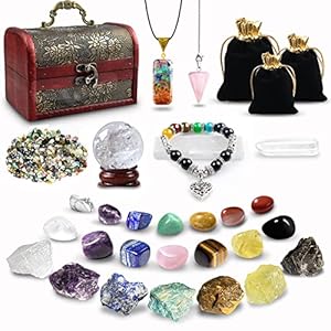 Healing Crystals Set, 28 Pcs Real Crystals and Healing Stones Kit, Energy Crystals for Beginners Meditation Yoga, 14 Natural Tumbled Crystals and 7 Raw Chakra Stones, Crystal Ball, Pendulum, Selenite