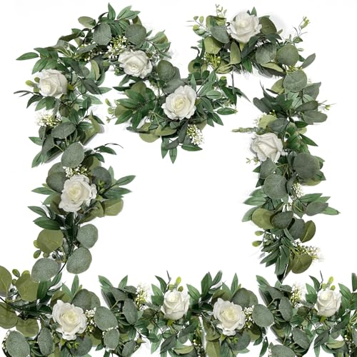 2 Pack Artificial Spring Eucalyptus Flower Garland with White Roses 13Ft Fake Flower Greenery Floral Green Garland Vines for Wedding Arch Table Runner Backdrop Mantle Home Decorations (White)