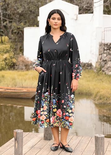 Image of TIYOMI Womens Plus Size Dresses Fall Long Sleeve Maxi Dresses V Neck Floral Spring Party Dress with Pockets XL-5XL (14W-28W)