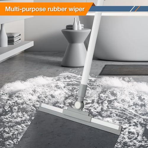 Image of Floor Squeegee for Concrete Floor, Long Handle Shower Squeegee, Squeegee Broom, Magic Air Broom, 14'' Rubber Blade,52'' Extension Pole, for Shower Glass Doors, Bathroom Tile, Pet Hair, Window