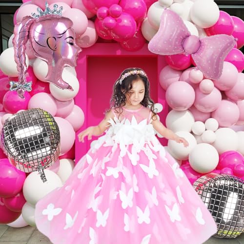 Image of Hot Pink Princess Balloon Arch Kit with Rose Red, Light Pink, Matte White Balloons, Silver Disco Ball, Bows and Crown for Girl Summer Birthday, Coquette Party, Ballerina,Graduation, Baby Shower Decor