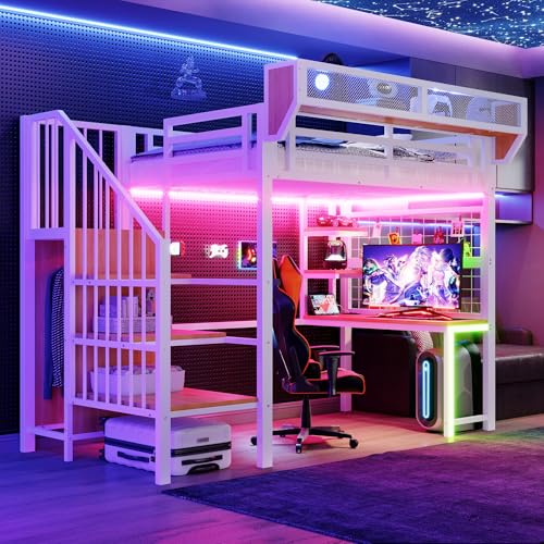 Merax Lit mezzanine en métal 90 x 200 cm, avec bureau, étagère, échelle de rangement, LED et...