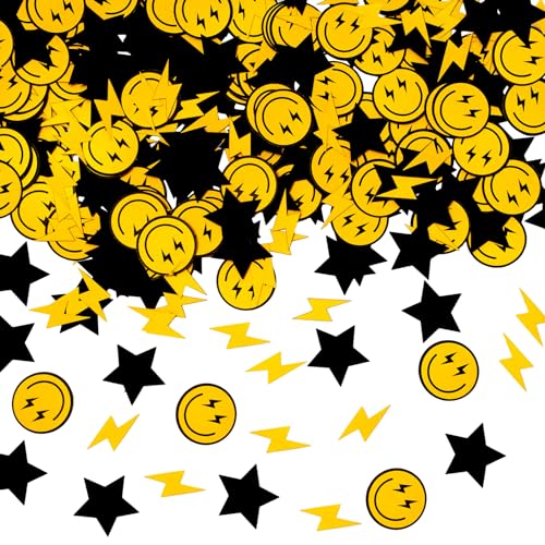 Image of Whaline 300Pcs One Happy Dude Table Confetti Smile Face Lightning Star Shaped Confetti Yellow Black Table Centerpiece for First Birthday Party Decoration