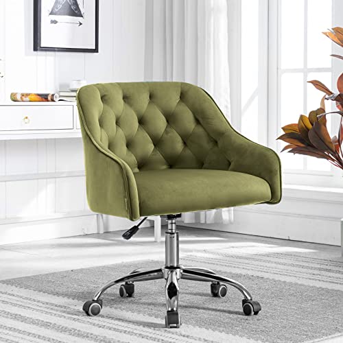 Home Office Velvet Desk Chair, Upholstered Task Chair Height Adjustable 360°Swivel Computer Chair With Armrest And Wheels For Living Room Study Room Bedroom (Green) #TOP3