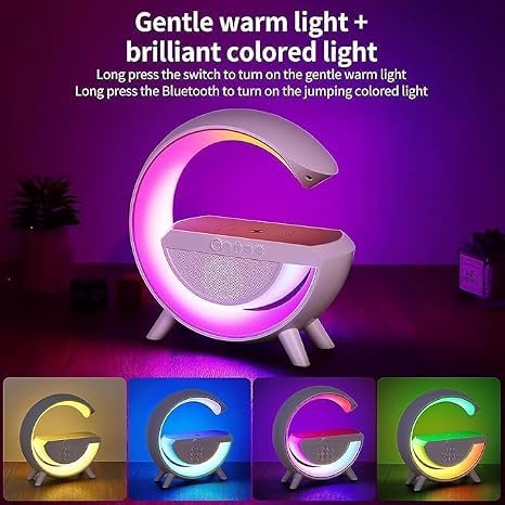 Image of G-Shape LED Wireless Charging Lamp with Bluetooth Speaker | 4 in 1 Multifunctional, RGB Atmosphere Light, Digital Alarm Clock, Dual Alarm Settings, Bedside Night Lamp