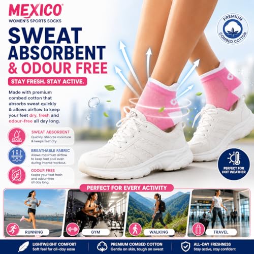 Image of XJARVIS MEXICO Athletic Sports socks for Women & Girls with Soft Cushioned Base, Breathable Net, Sweat Absorbent & Odour Free |Cotton Summer Socks for Women-Ideal for Gym, Running, Travel (Multicolor)