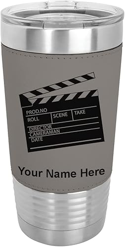 LaserGram 20oz Vacuum Insulated Tumbler Mug Movie Clapperboard Personalized Engraving Included Faux Leather Gray