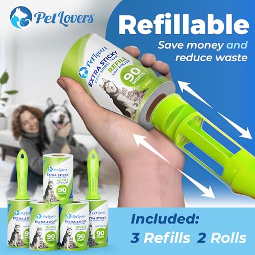 Image of PetLovers Extra Sticky Lint Roller Mega Value Set 450 Sheets for Pet Hair Removal and Clothes, Dog and Cat Lint Remover 5 Pack Green