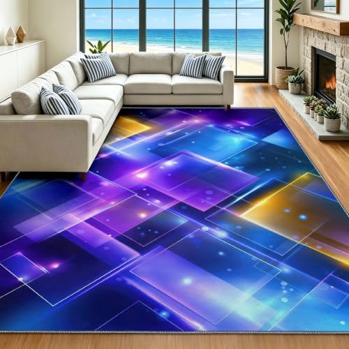 Alfombra lavable antideslizante de pelo corto azul con un diseño de halo abstracto moderno 3