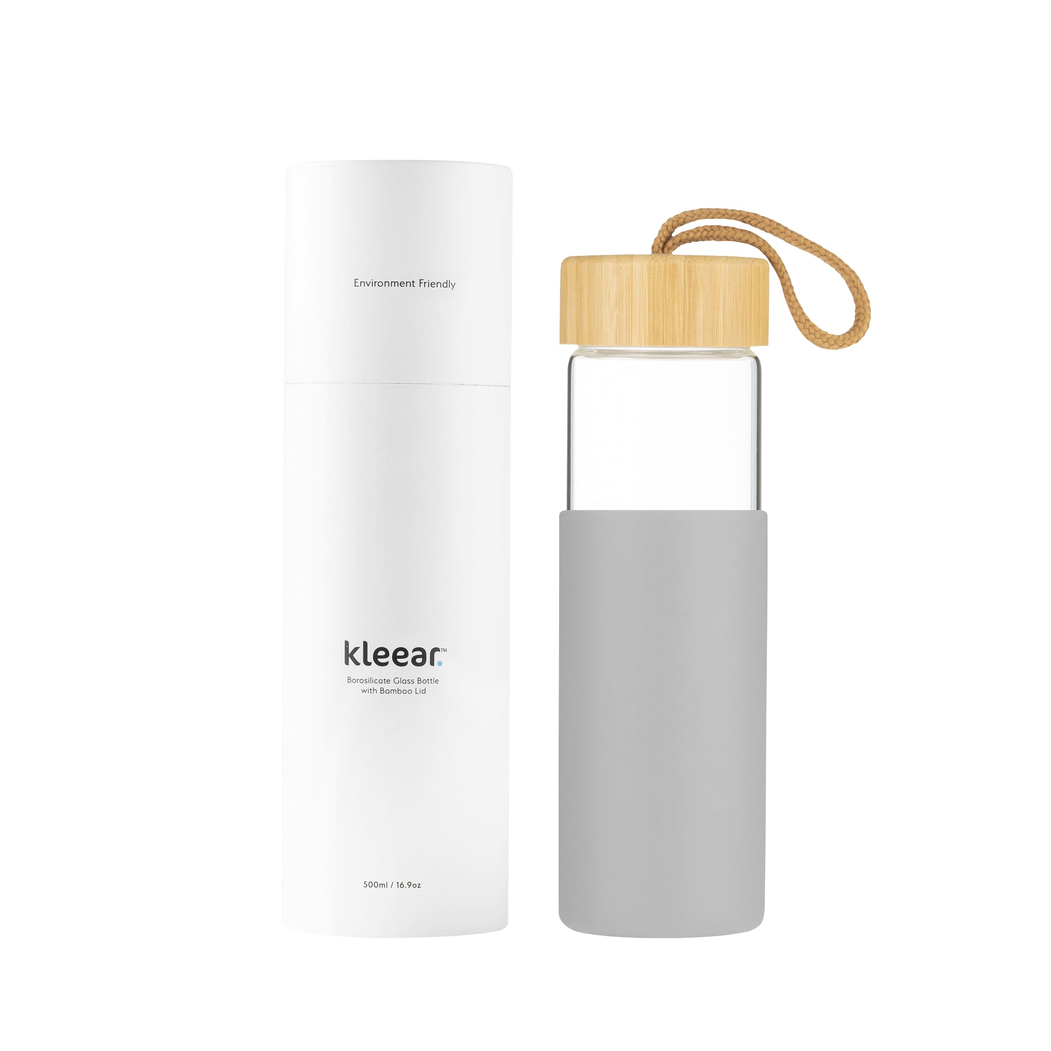 Kleear Grey Borosilicate Glass Water Bottle With Protective Silicone Sleeve, Bamboo Lid And Carrying Loop | Office, Yoga, Gym, Exercise, Travel Friendly, 500Ml, Leakproof, Bpa-Free, Dishwasher Safe. (Grey)