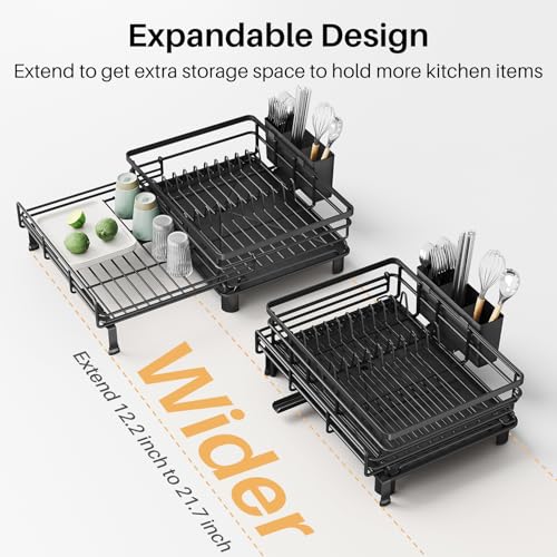 Image of SNTD Dish Drying Rack - Extendable Dish Rack, Large Sink Drying Dish Drainer for Kitchen Counter, Stainless Steel Dish Strainer with Utensil Holder (Black)