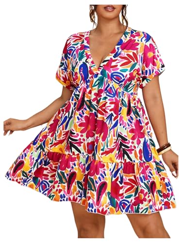 Floerns Women's Plus Size Wrap V Neck Short Sleeve Ruffle Hem A Line Short Dress Rose Floral Multi Large Plus
