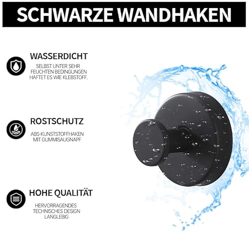 Dreamil Saugnapfhaken,2 Stück Edelstahl Wandhaken,Ohne Bohren Extra Stark Haken,Flache Wände für Badezimmer, Küche, Büro, Balkon（Schwarz/Silber） (2 Stück Schwarz)
