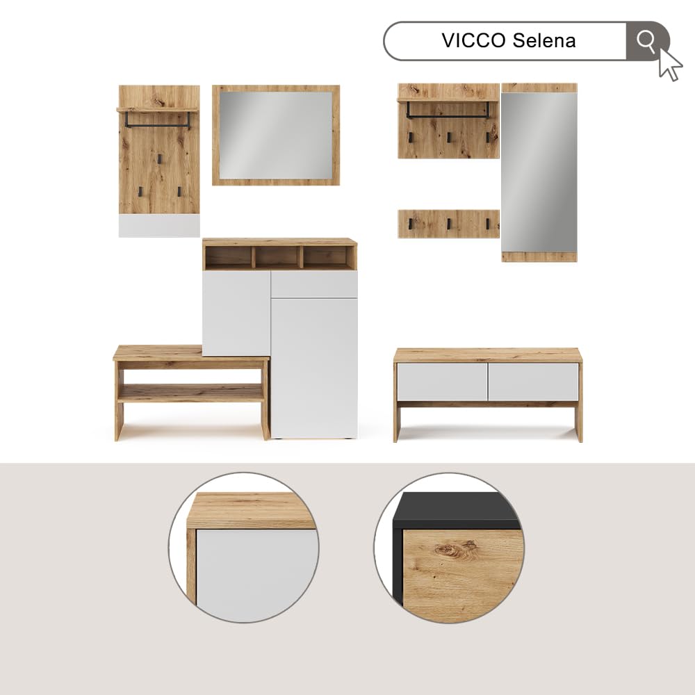 Vicco Armadio da ingresso Selena, Bianco/Artisan, 90 x 40 cm 4 parti, per montaggio a parete per un'organizzazione salvaspazio nell'ingresso