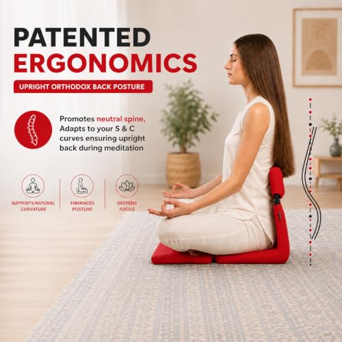 Image of Meditation Chair | Foldable Floor Seat with Cushion and Back Support | for Yoga, Pranayama, Prayer & Cross-Legged Sitting | Portable Metal Frame with Carry Bag | 2 Year Warranty (Red)