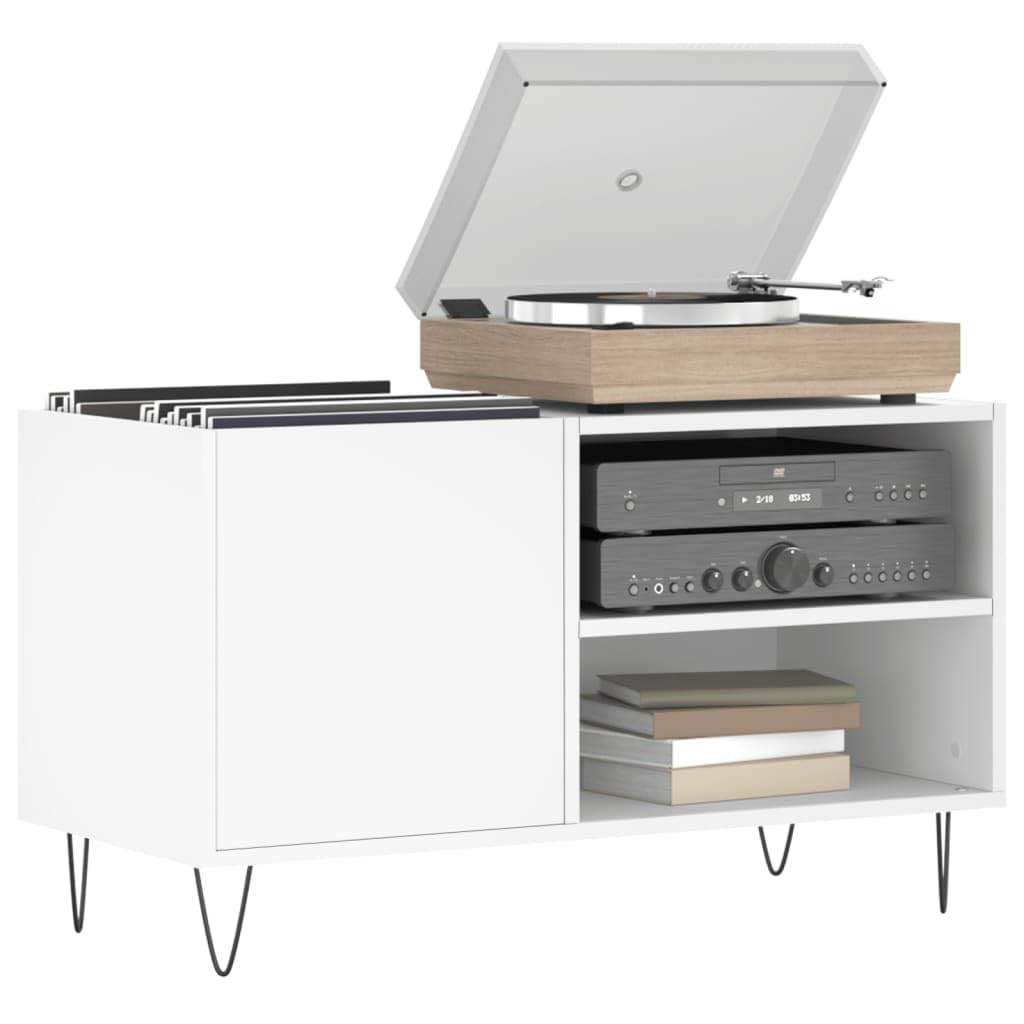 Weißer Plattenschrank 85x38x48 cm Holzwerkstoff mit Eisenbeinen für Vinyl, LP, Schallplatten, Stauraum, stabile Oberplatte, Kabelmanagement, ideal für Wohnzimmer, Heimkino, Musikliebhaber