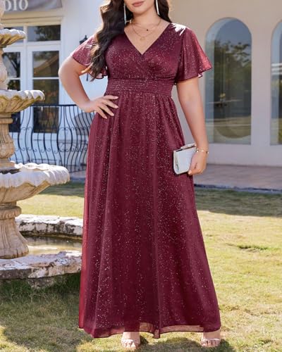 Image of Talisea Plus Size Formal Dresses - V Neck Flutter Sleeve Glitter Prom Evening Gowns Wedding Guest Chiffon Long Maxi Dress