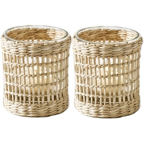 Coastal Boho Farmhouse - Juego de 2 portavelas votivos tejidos de mimbre rústico para el hogar, cocina, comedor, mesa de centro de mesa