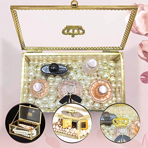 Loriini Decorative Box Accent Trinket Case Clear Table Top Glass Lid Jewelry Display Vanity Organizer For Ring|Necklace Showcase|Keepsake Box|Vintage Style Brass Metal Frame With 1 Bag Of Free Pearls #TOP3