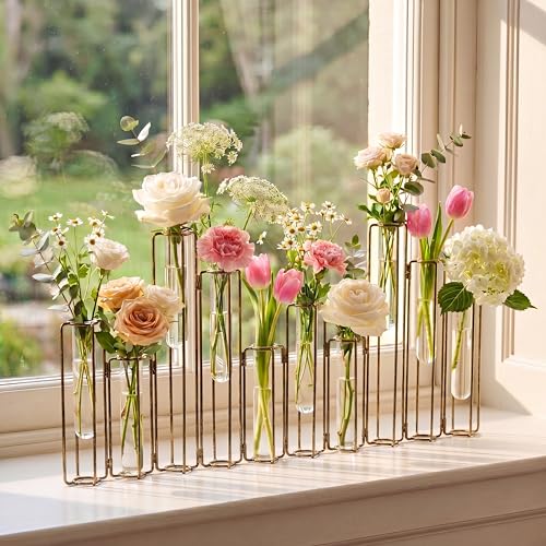 Ninehaoou Set of 10 Hinged Flower Vase Test Tube Vase Gold Metal Stand with Glass Test Tubes for Flowers Foldable Bud Vases for Hydroponics Wedding Centerpiece Dining Table Home Decor Office