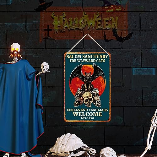 Yoya MTS02 4 Pcs Vintage Tin Signs Black Cat Halloween Decor Salem Sanctuary For Wayward Cats Ferals And Familiars Welcome Retro Skeleton Mushroom Metal Signs Home Wall Art Decor Metal Tin Sign Skull Poster thumb #2