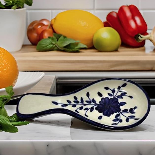 Mirakii Ceramic Spoon Rest Holder for Kitchen – Hand Painted Blue Floral Utensil Rest for Stove Top & Counter – Indian Pottery, Microwave & Dishwasher Safe - Image 2 thumbnail