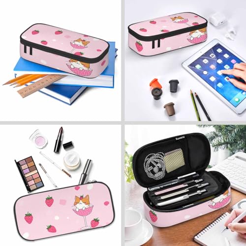 Image of Cute Cat Pencil Case Pink Fruit Strawberry Wine Glass Pencil Bag Pouch Box Organizer for College School Students Boy Girl